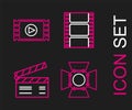 Set line Movie spotlight, clapper, Play Video and icon. Vector