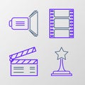 Set line Movie trophy, clapper, Play Video and spotlight icon. Vector