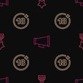 Set line Movie trophy, Plus 18 movie and Megaphone on seamless pattern. Vector