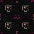 Set line Movie trophy, Screen tv with 4k and 3D cinema glasses on seamless pattern. Vector