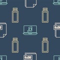 Set line MP3 file document, USB flash drive and Laptop with music note on seamless pattern. Vector Royalty Free Stock Photo