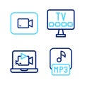 Set line MP3 file, Online play video, Smart Tv and Play button icon. Vector