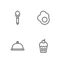 Set line Muffin, Covered with tray of food, Spoon and Scrambled egg icon. Vector