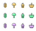 Set line Muffin, Hotdog, Mushroom and Mortar and pestle icon. Vector