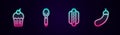 Set line Muffin, Spoon, Hotdog and Eggplant. Glowing neon icon. Vector