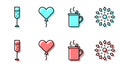 Set line Mulled wine, Glass of champagne, Balloon in form of heart and Firework icon. Vector