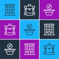 Set line Multi storey building, Donation money and Hiking backpack icon. Vector Royalty Free Stock Photo