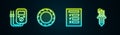 Set line Multimeter, Car tire wheel, inspection and spark plug. Glowing neon icon. Vector