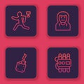 Set line Murder, Lighter, Thief mask and Dynamite and timer clock. Blue square button. Vector