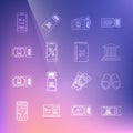 Set line Museum ticket, Binoculars, building, Bus, Online translator, hotel booking and Cover travel guide icon. Vector Royalty Free Stock Photo