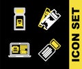 Set line Museum ticket, Ticket, Online car sharing and Train icon. Vector
