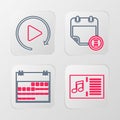 Set line Music book with note, Calendar, and clock and Video play button icon. Vector