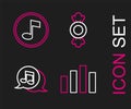 Set line Music equalizer, Musical note in speech bubble, Candy and note, tone icon. Vector Royalty Free Stock Photo