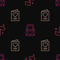 Set line Music note, Greeting card and Lock and heart on seamless pattern. Vector