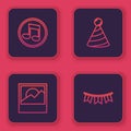 Set line Music note, tone, Photo, Party hat and Carnival garland with flags. Blue square button. Vector