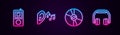 Set line Music player, Ear listen sound signal, CD or DVD disk and Headphones. Glowing neon icon. Vector