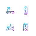 Set line Music player, Gamepad, Router and wi-fi signal and Battery charge level indicator. Gradient color icons. Vector