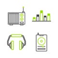 Set line Music player, Headphones, equalizer and Radio with antenna icon. Vector