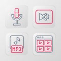 Set line Music playlist, MP3 file, or video settings and Microphone icon. Vector Royalty Free Stock Photo