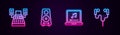 Set line Music recording studio, Stereo speaker, Laptop with music note and Air headphones. Glowing neon icon. Vector Royalty Free Stock Photo