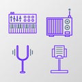 Set line Music stand, Musical tuning fork, Radio with antenna and synthesizer icon. Vector Royalty Free Stock Photo