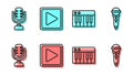 Set line Music synthesizer, Microphone, Play in square and Microphone icon. Vector