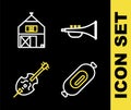 Set line Musical instrument trumpet, Salami sausage, Violin and Farm House icon. Vector