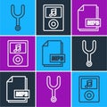 Set line Musical tuning fork, MP3 file document and Music player icon. Vector Royalty Free Stock Photo