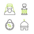 Set line Muslim Mosque, Qibla, Ramadan Kareem lantern and man icon. Vector