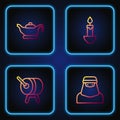Set line Muslim woman in niqab, Ramadan drum, Oil lamp and Burning candle. Gradient color icons. Vector Royalty Free Stock Photo