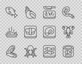 Set line Mussel, Canned fish, Cutting board and knife, Octopus, Tropical, Sushi on cutting, and Lobster icon. Vector