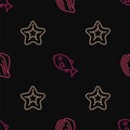 Set line Mussel, Starfish and Tropical on seamless pattern. Vector