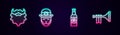 Set line Mustache and beard, Leprechaun, Beer bottle with clover and Trumpet. Glowing neon icon. Vector