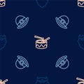 Set line Mustache and beard, Leprechaun hat and Drum with drum sticks on seamless pattern. Vector