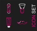 Set line Mustache, Cream or lotion cosmetic tube, Shaving brush and Classic Barber shop pole icon. Vector