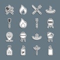 Set line Mustard bottle, Barbecue grill, Crossed fork and knife, Fire flame, spatula, and icon. Vector