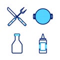 Set line Mustard bottle, Ketchup, Barbecue grill and Crossed fork and knife icon. Vector