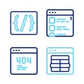 Set line MySQL code, Page with a 404 error, Browser files and Programming language syntax icon. Vector Royalty Free Stock Photo