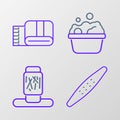 Set line Nail file pet, Cat scratching post, Pets bath and Towel stack icon. Vector Royalty Free Stock Photo