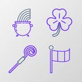 Set line National Ireland flag, Walking stick, Four leaf clover and Witch cauldron rainbow icon. Vector