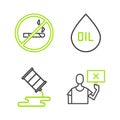 Set line Nature saving protest, Barrel oil leak, Oil drop and No Smoking icon. Vector Royalty Free Stock Photo