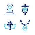 Set line Necklace amulet, Christian cross, Pirate flag and Grave with tombstone icon. Vector