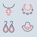 Set line Necklace, Earrings, on mannequin and Christian cross chain icon. Vector
