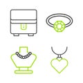 Set line Necklace with heart shaped pendant, on mannequin, Diamond engagement ring and Jewelry box icon. Vector Royalty Free Stock Photo