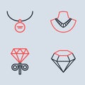 Set line Necklace on mannequin, Stud earrings, Diamond and Locket necklace icon. Vector