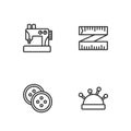Set line Needle bed and needles, Sewing button for clothes, machine and Tape measure icon. Vector Royalty Free Stock Photo