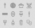 Set line Neptune Trident, Comedy and tragedy masks, Olives in bowl, Greek helmet, Torch flame, shield, Gyros Pita and