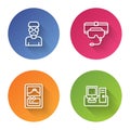 Set line Nerd geek, Virtual reality glasses, Card game and Monitor with keyboard. Color circle button. Vector Royalty Free Stock Photo