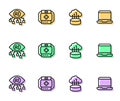 Set line Network cloud connection, Computer vision, First aid kit and Laptop icon. Vector Royalty Free Stock Photo