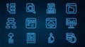 Set line Network cloud connection, Monitor with graph chart, Server, Data, Web Hosting, Loading data window, Hierarchy Royalty Free Stock Photo